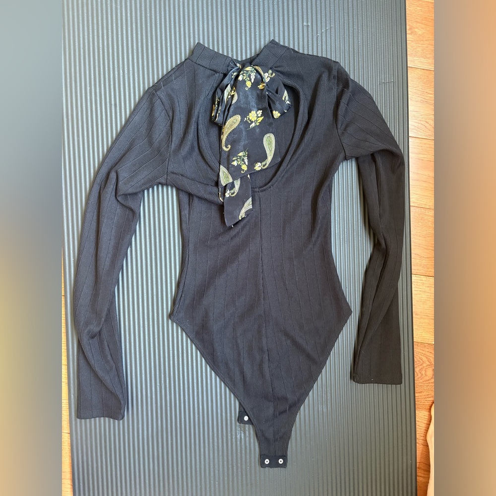Black Long Sleeve Bodysuit with Scarf Back